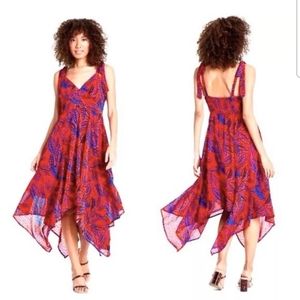 ALEXIS x Target Leaf Tie Strap Asymmetrical Dress Red Blue Chiffon Size XXS